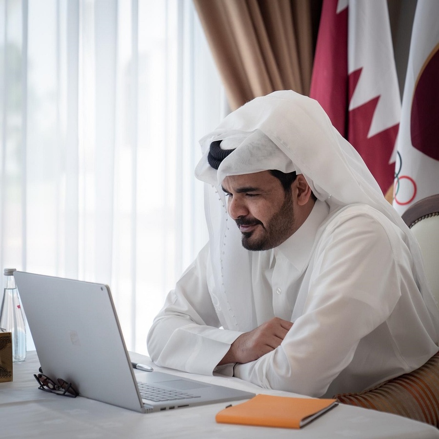 The QOC President, HE Sheikh Joaan bin Hamad Al-Thani, joined a video conference call with IOC President Thomas Bach on March 27. © QOC