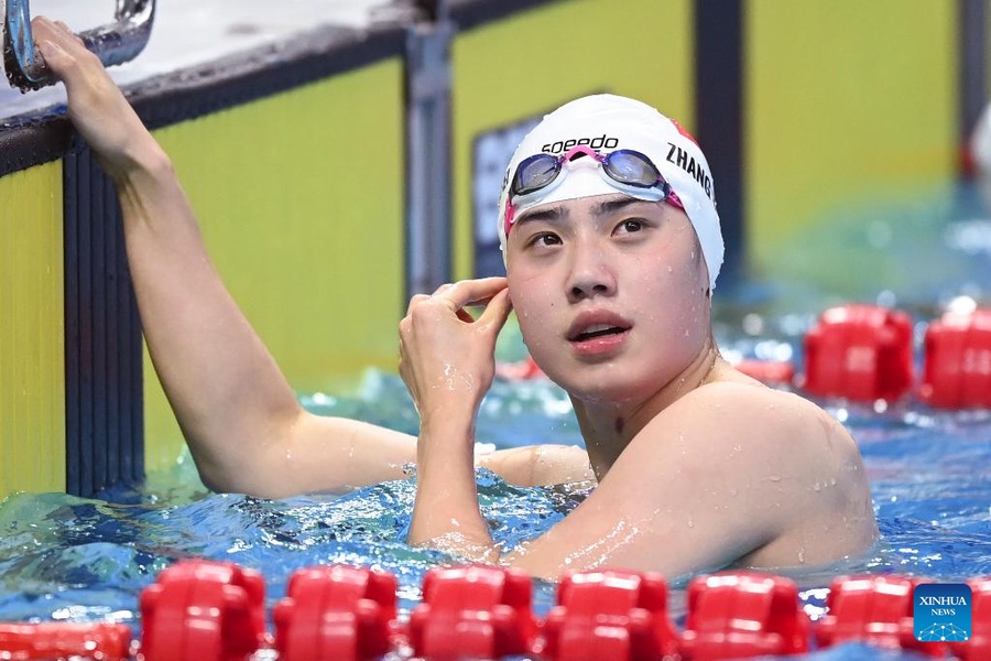 Zhang Yufei of China reacts after the women's 50m freestyle final on September 28, 2023. (Photo: Xinhua/Huang Zongzhi)