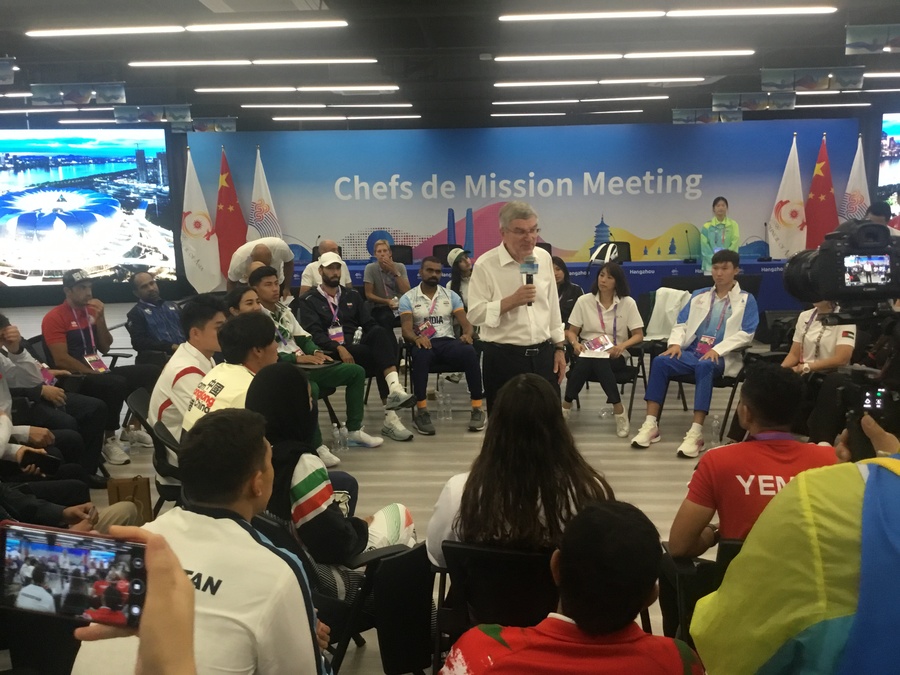 IOC President Thomas Bach visits Athletes Village to meet with competitors at Asian Games