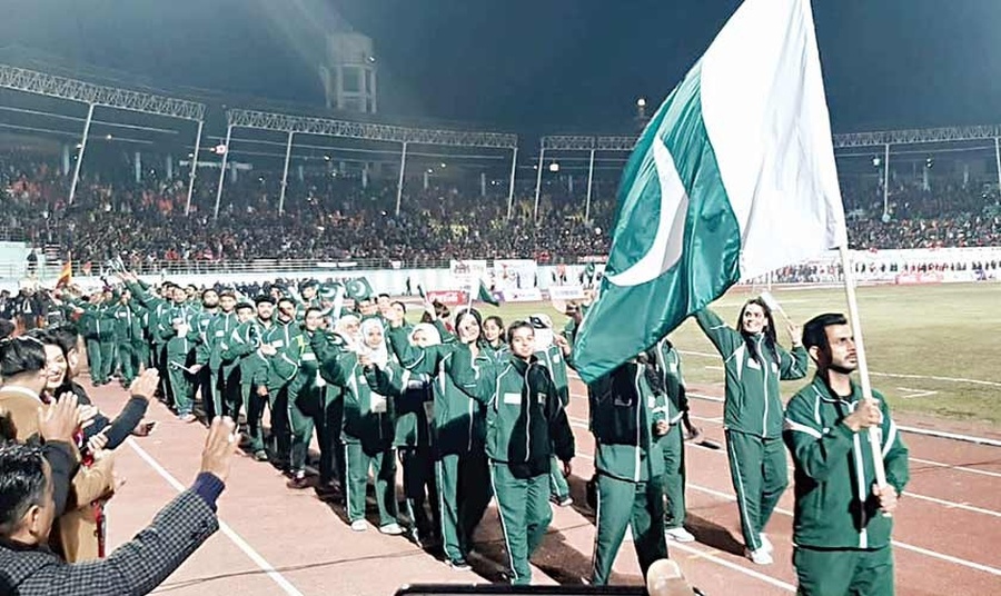 The Pakistan contingent at the Opening Ceremony of the 13th South Asian Games in Nepal last December. © The News International