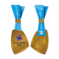 <div>
<p>The medal is made of old bronze color crystal of irregular vertically prolate shape, 95 mm high, 68 mm wide and 5 mm thick. The adverse side of the medal is performed with the elements of the Kazakh national ornament and the logo of the 7th winter Asian Games. The relief of the emblem is covered with epoxide jem enamel. The surface of the crystal is mat. The reverse of the medal bears the inscription &ldquo;7th Asian Winter Games&rdquo;.<br /><br />Short-grain matting is performed on the plain face of the main crystal. The duplicate face is smooth. There is a brace on the reverse side of the medal contains to which the blue watered silk ribbon is. The ribbon bears the white colored logo of the 7th Asian Winter Games 2011.<br />&nbsp;<br />Above the medal the ribbon is fixed by a golden clip 20 mm wide and 12 mm high. The medal and clip are made of 925 sterling silver.</p>
</div>
<div>&nbsp;</div>