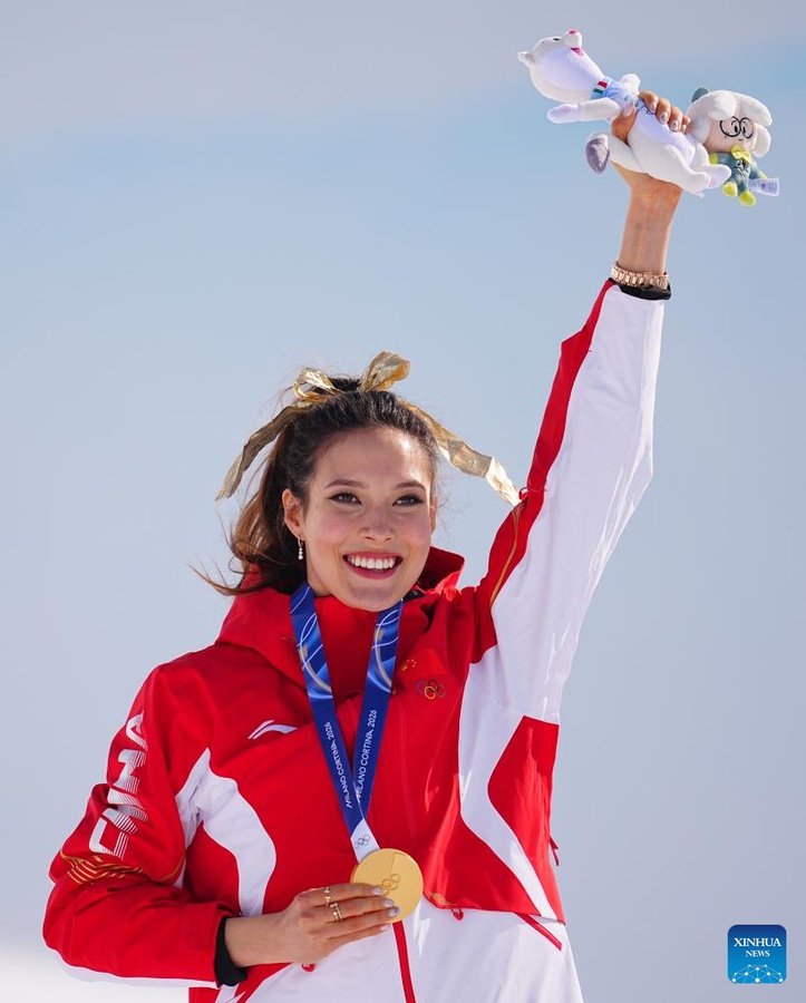China’s Gu Ailing defended her Olympic halfpipe title on Sunday. (Photo: Xinhua/Hu Chao)