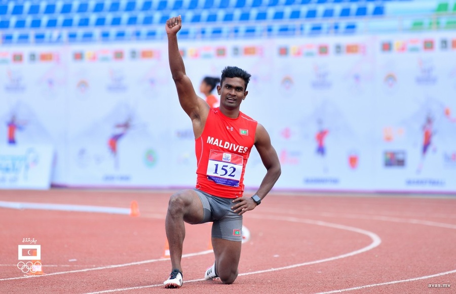 Hassan Saaid after winning the country's first gold medal at the South Asian Games, last December in Kathmandu, Nepal. © Avas
