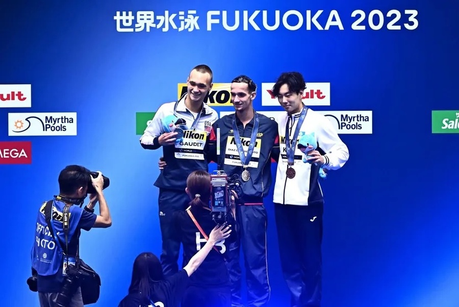 The medal-winners at the first men’s solo technical event in world championships history. © Tsutomu Kishimoto/World Aquatics