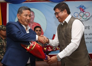 Nepal NOC President Jeevan Ram Shrestha welcomes two government ministers
