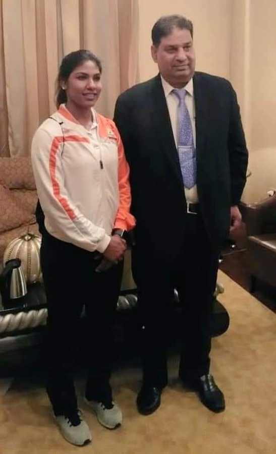 Bhavani Devi is pictured with Fencing Association of India President Rajeev Mehta. © Bhavani Devi Facebook