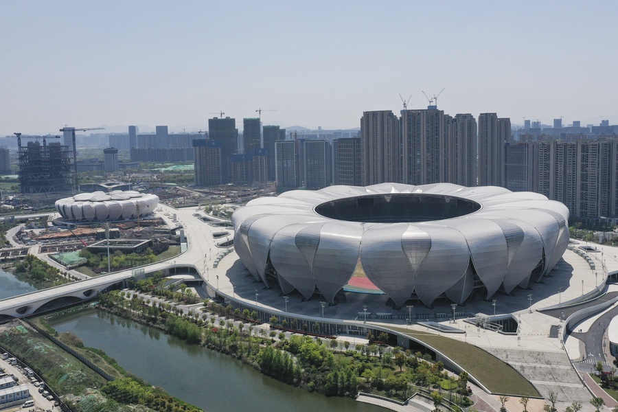 A bird's eye view of the main stadium for the Hangzhou 2022 Asian Games taken on April 8, 2020. © Xinhua/Huang Zongzhi