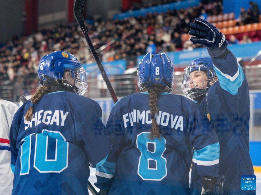 Kazakhstan’s women’s hockey team are pictured during an earlier Group B game, against Chinese Taipei, at Harbin 2025. (Photo: Xinhua/Sun Fei)