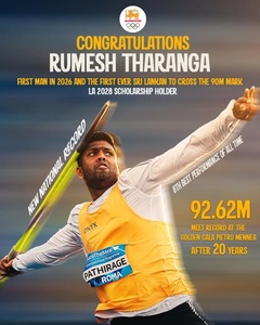 Sri Lanka NOC congratulates javelin thrower Rumesh Tharanga for 'extraordinary milestone'