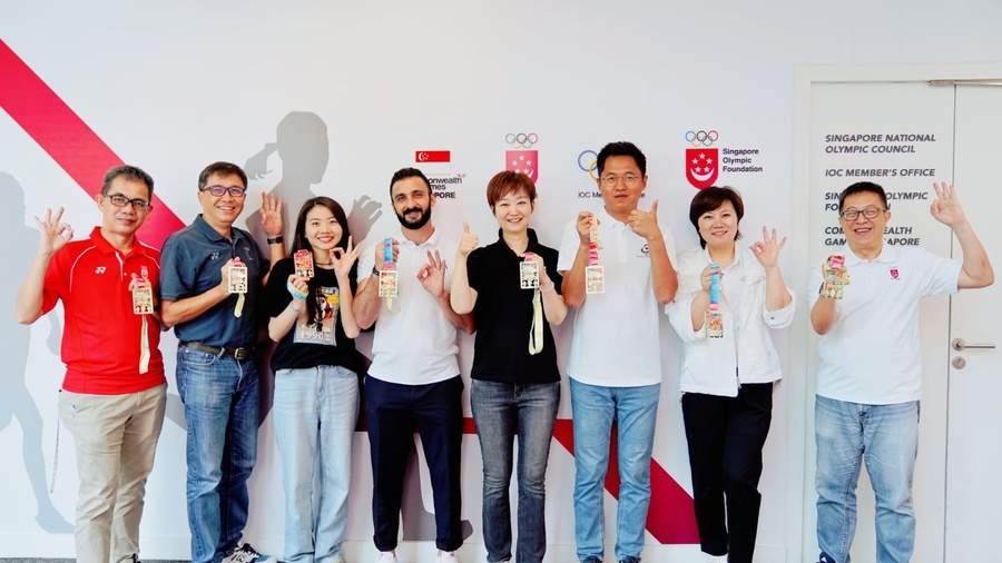 Representatives of Singapore NOC, HAGOC and OCA after the meeting on Friday morning. (Photo by Wang Yue)