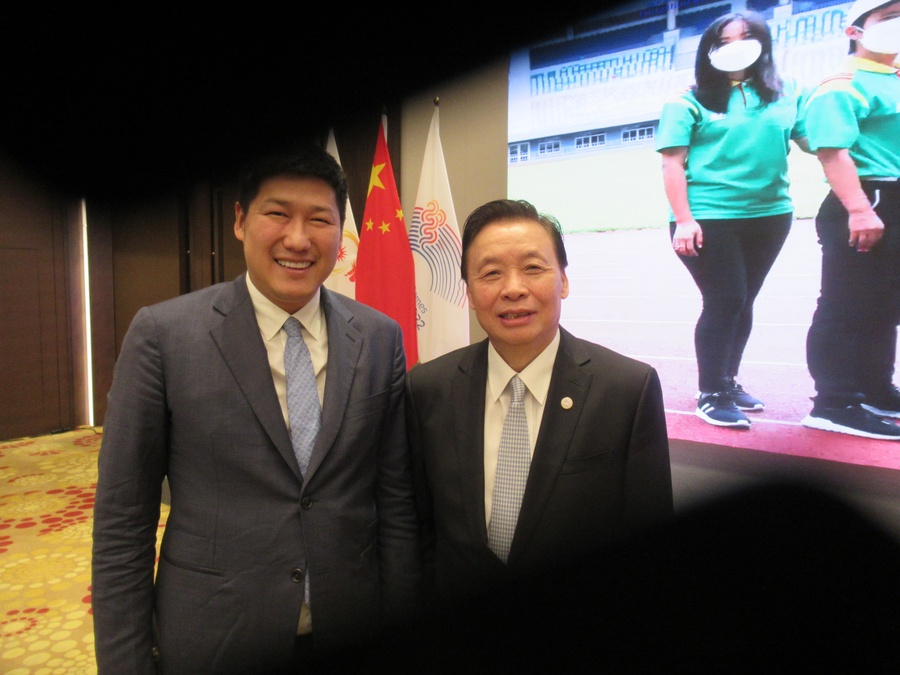 Yang Shu’an is pictured with IOC Member from Mongolia Battushig Batbold after the OCA Coordination Committee meeting on Thursday. © OCA