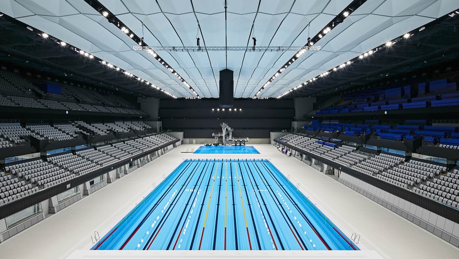 The Tokyo Aquatics Centre is unveiled after a seven-month delay due to the COVID-19 pandemic. © Tokyo 2020/Uta MUKUO