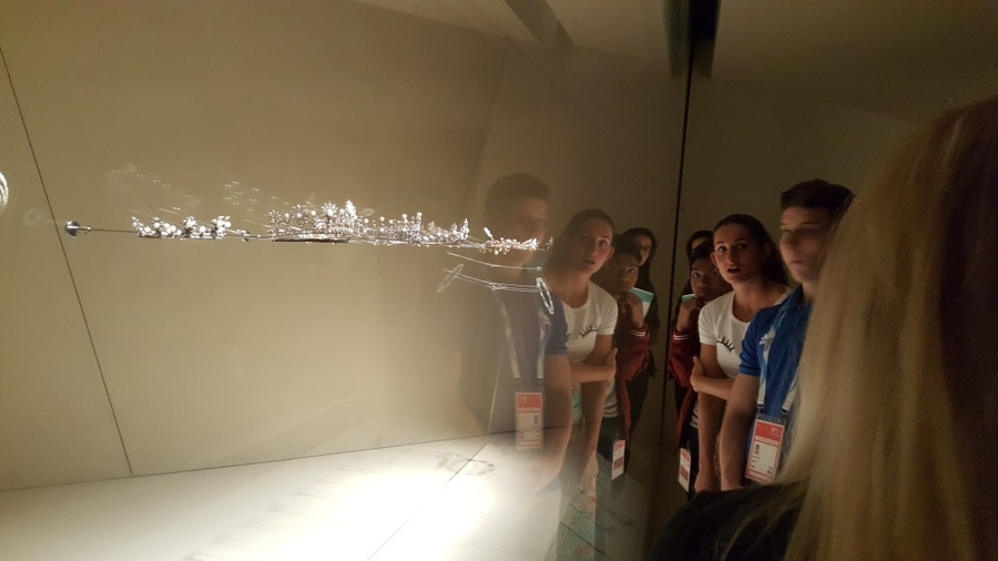 Dazzled: Kuwait coach Eleonora Babini (white t-shirt) is awed by crowns owned by Royal families around the world which sport Qatari pearls.