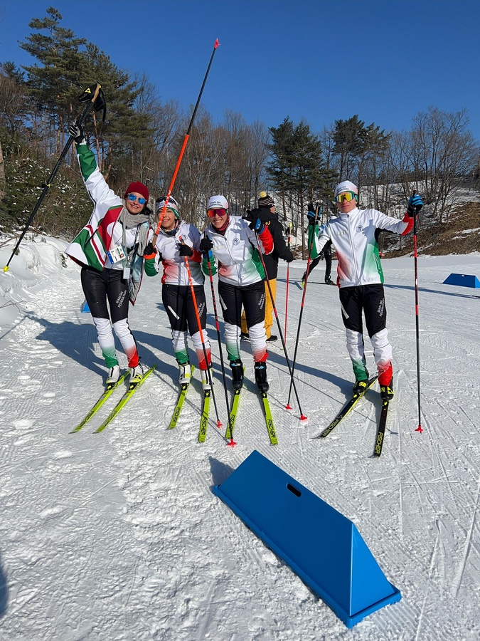 Coach Samaneh (left) with her three cross-country skiers at Gangwon 2024.Photo: (Iran NOC)