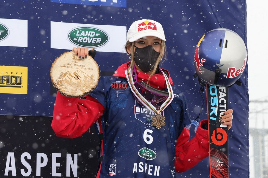 Eileen Gu Ailing with her big air bronze medal. © courtesy of U.S. Freeski Team/Xinhua