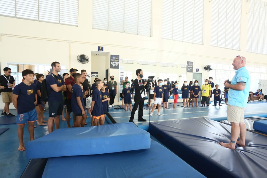 Carlysle Chan and fellow Malaysia coach at the OCA youth camp, Rosatimah Muhammad, watch over their athletes at the first pool session on Monday afternoon.