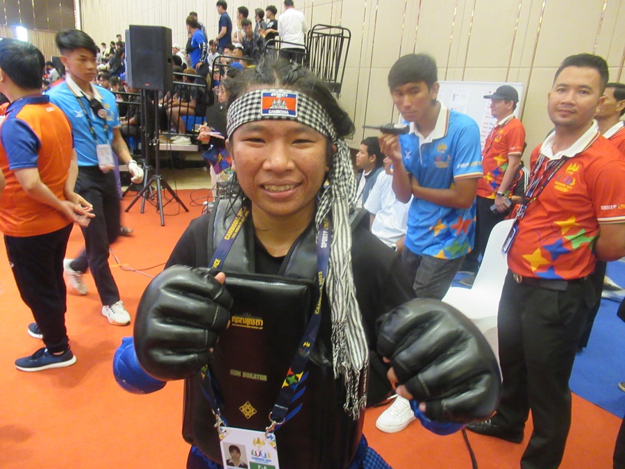 Cambodia’s Leang Sreynith after winning her female combat 45kg fight on Sunday. © OCA