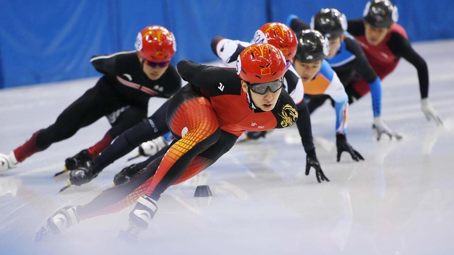 China's 2018 Winter Olympic short track champion Wu Dajing in action. © CGTN