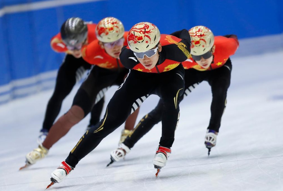 Skaters from China's national short track speed skating team train in Beijing on October 17, 2024. (Xinhua/Luo Yuan)