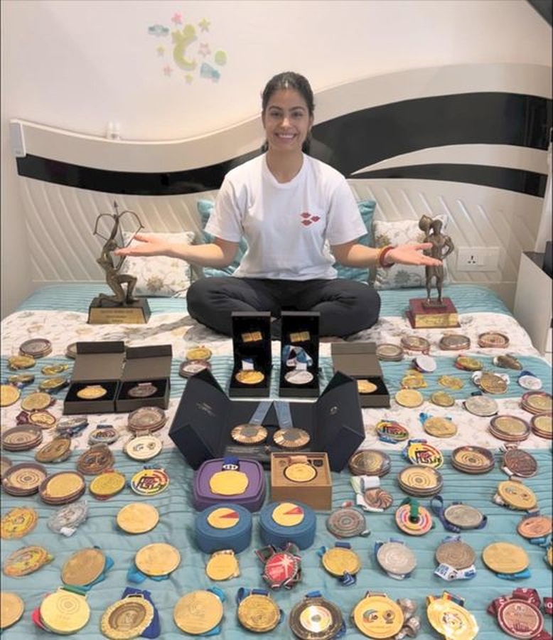 Manu Bhaker with some of the medals she has won so far in her shooting career.