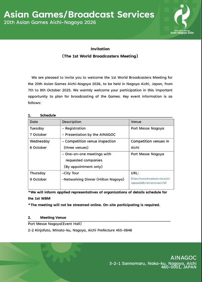 1st World Broadcasters Meeting and World Press Briefing for Aichi-Nagoya 2026 Asian Games in October