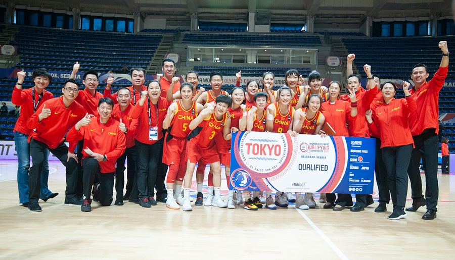 Tokyo here we come! Players and coaching staff of China celebrate their victory over Spain at the FIBA Women's Olympic Qualifying Tournament Group B   match in Belgrade, Serbia, on Saturday, February 8. © VCG Photo