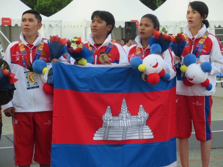 The gold medal-winning Cambodian women’s triples team in petanque.