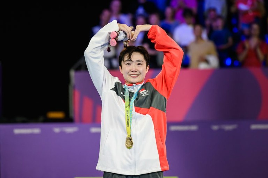 An emotional Feng Tianwei celebrates her singles victory at the Birmingham 2022 Commonwealth Games.© Andy Chua/Commonwealth Games Singapore