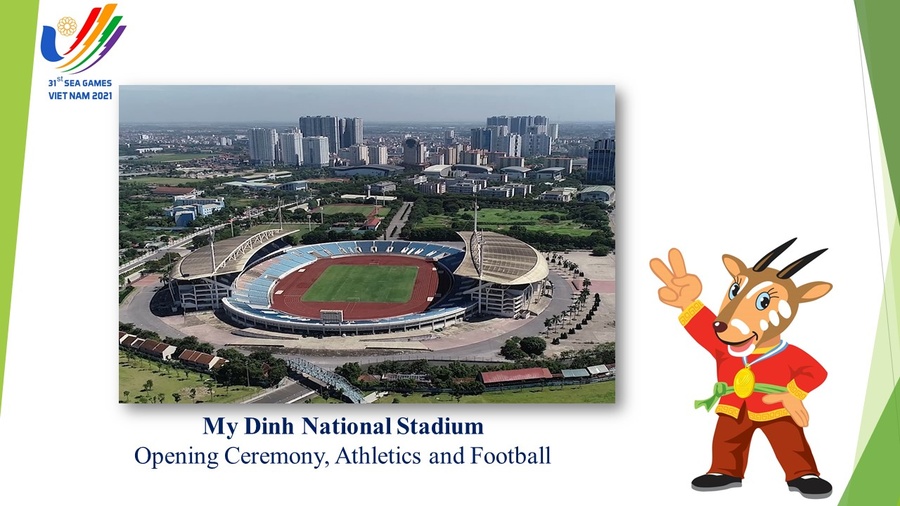 The 31st SEA Games mascot Sao La introduces My Dinh National Stadium, which will host the opening ceremony, athletics and football in Hanoi next year. © Vietnam Olympic Committee