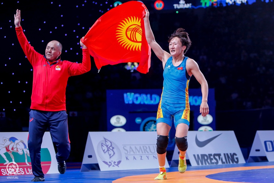 Aisuluu Tynybekova of Kyrgyzstan celebrates her 62kg world title in Nur-Sultan, Kazakhstan, in September. She has also qualified for Tokyo 2020.  © UWW