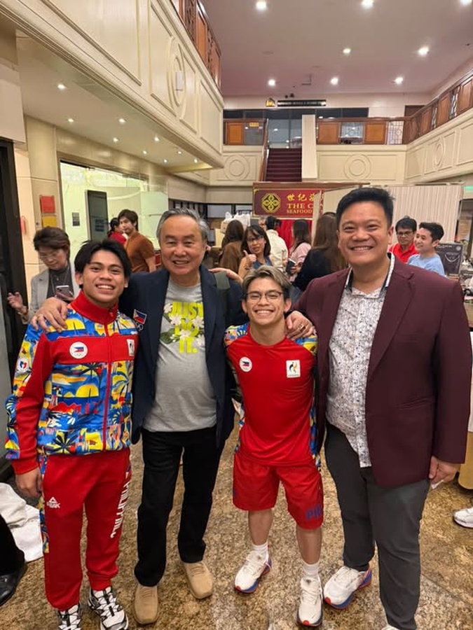 POC President Abraham "Bambol" Tolentino and POC Secretary General Atty. Wharton Chan are pictured with the Yulo brothers from gymnastics, Carlos and Karl.