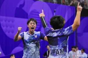 Japan's mixed doubles teqball team give fans plenty to cheer about