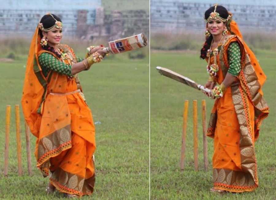Bangladeshi cricketer Sanjida Islam playing cricket in her bridal attire.