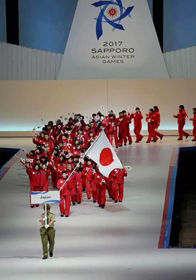 The Japanese delegation enters Sapporo Dome for the opening ceremony of the OCA’s 8th Asian Winter Games in 2017. Sapporo will bid for the 2030   Winter Olympics. © OCA