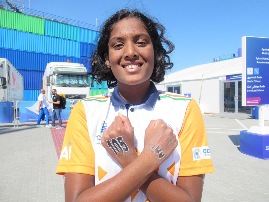 Rithika is pictured with her proud mother Gayathri at Doha Old Port on Wednesday. (Photo: OCA)