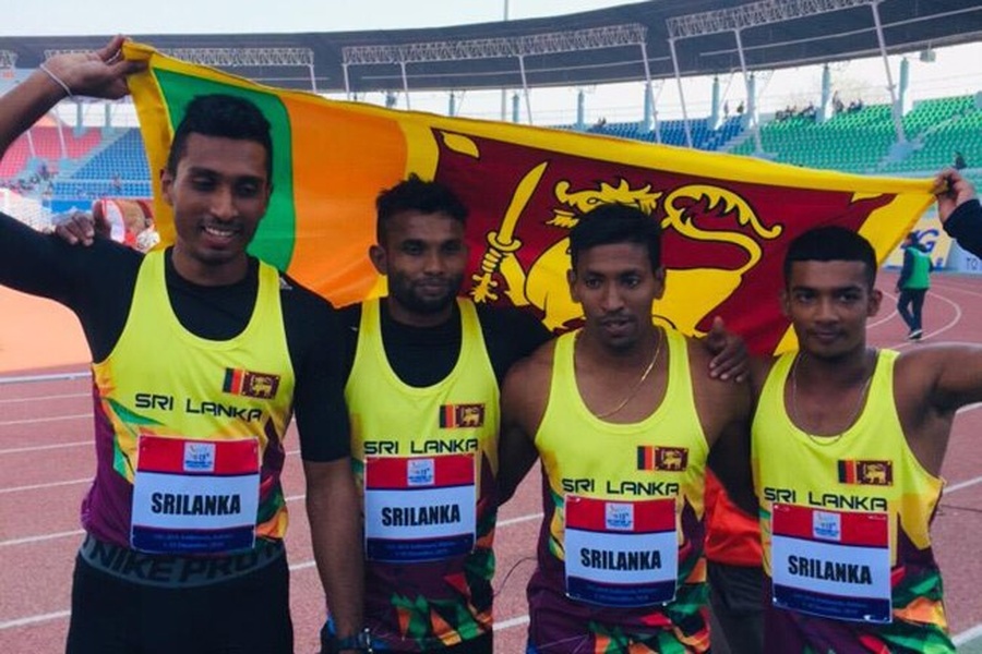 Sri Lanka's men's 4x400 relay team after winning gold at the 2019 South Asian Games in Nepal. © Ada Derana