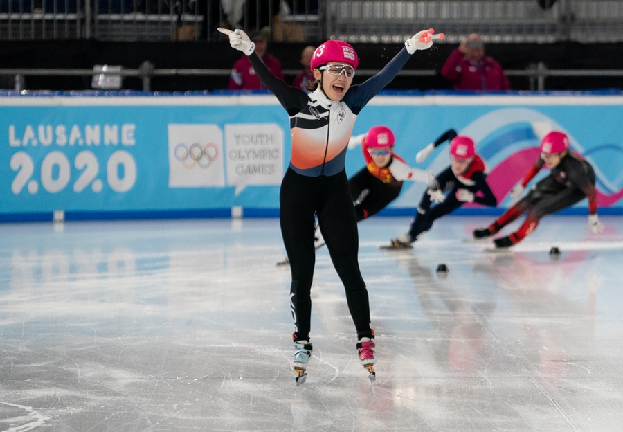 Seo Whi-min celebrates her win in the final of the short track speed skating women’s 500m. © Jed Leicester for OISphotos.com