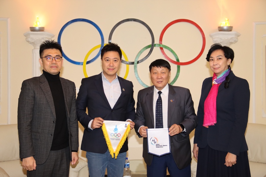 Left to right - AESF COO, Steve Kim; AESF Director General, Sebastian Lau; 1st VP of Mongolia NOC, Ch.Naranbaatar; UEAYGOC Executive Director, P.Buyandelger.