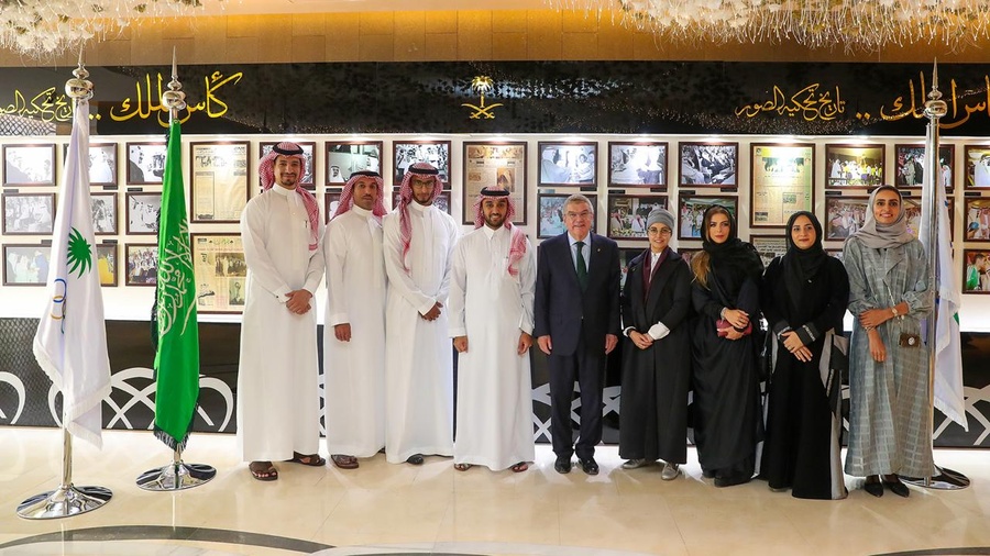 Members of the Saudi Athletes Committee are pictured with Saudi Arabian Olympic Committee President HRH Prince Abdulaziz bin Turki Alfaisal and IOC President Thomas Bach during his visit to the SAOC in September 2019.