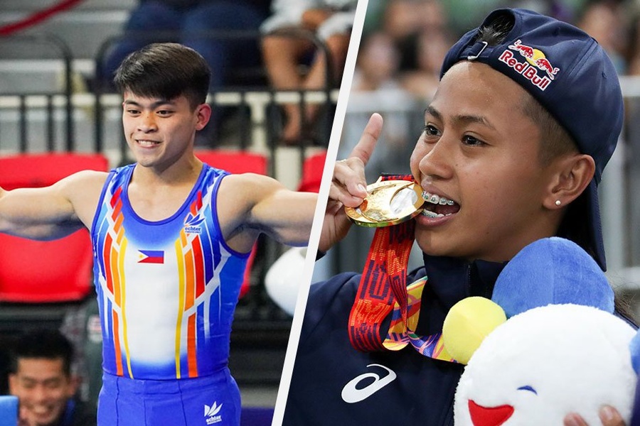 Carlos Yulo (left) and Asian Games skateboarding champion Margie Didal. © ABS-CBN