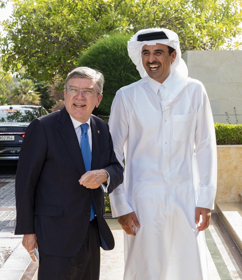 IOC President Bach with HH the Emir of Qatar, IOC Member Sheikh Tamim Bin Hamad Al-Thani. © IOC/Greg Martin