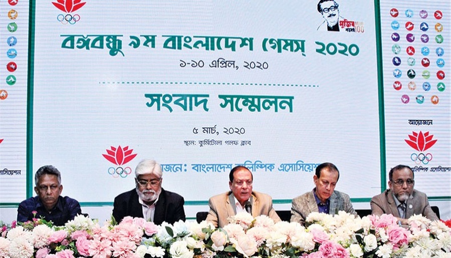 Bangladesh Olympic Association Secretary General Syed Shahed Reza (C) speaks during the logo and mascot unveiling ceremony of the Bangabandhu   Bangladesh Games at the Kurmitola Golf Club on Thursday, March 5. © New Age