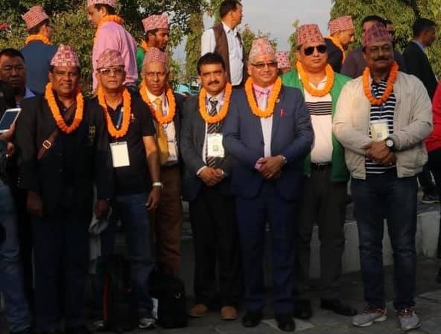 The Sri Lanka delegation with Nepal Olympic Committee President Jeevan Ram Shrestha at the South Asian Olympic Committee meeting in Kathmandu.© Facebook/Sri Lanka Olympic Committee